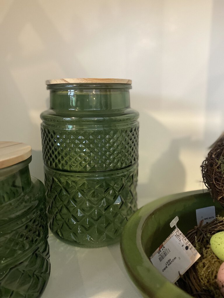 TEXTURED GLASS JAR WITH WOODEN LID