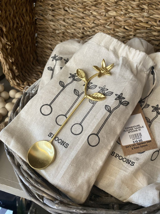 FARMHOUSE FLOWER HANDLE SPOONS IN DRAWSTRING BAG