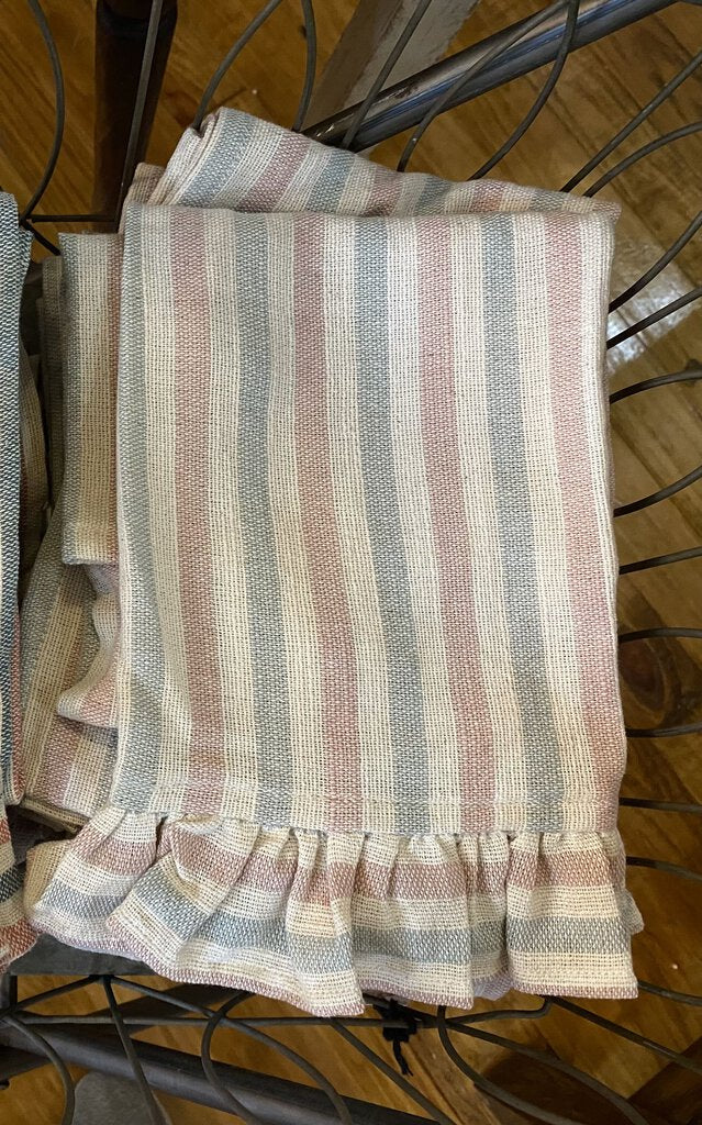 WOVEN COTTON TEA TOWEL W/ STRIPE & RUFFLE