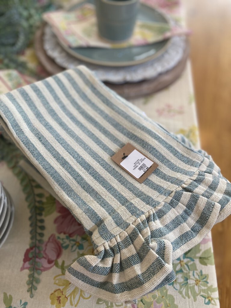 WOVEN COTTON TEA TOWEL W/ STRIPE & RUFFLE