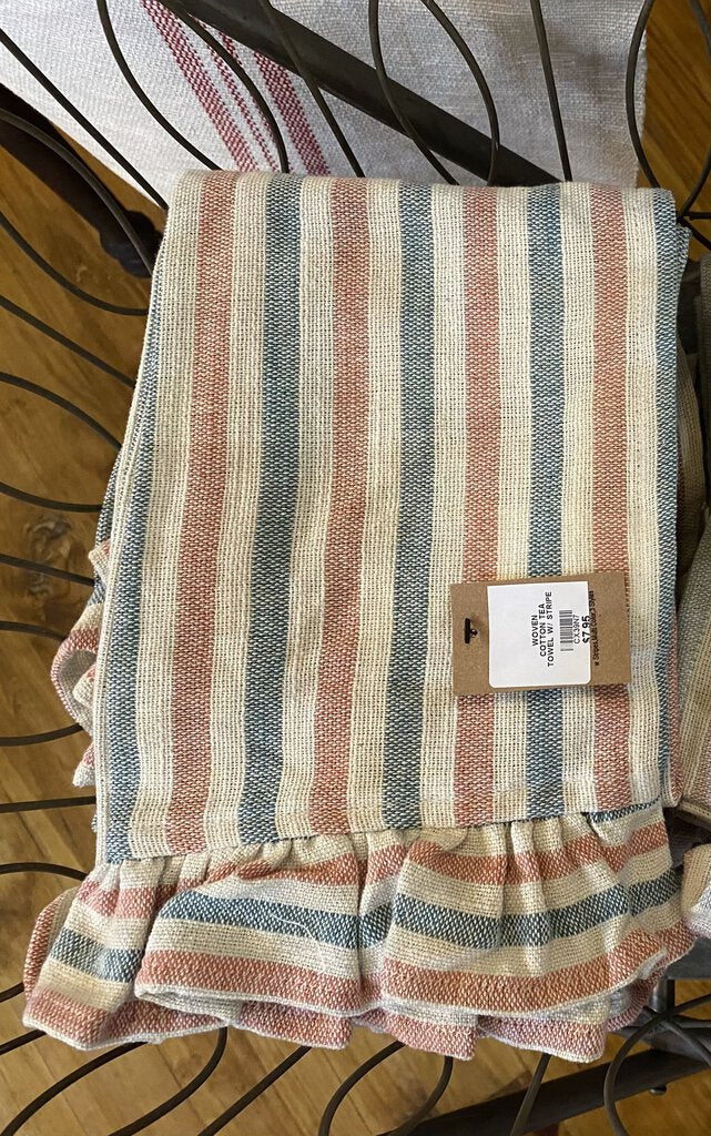 WOVEN COTTON TEA TOWEL W/ STRIPE & RUFFLE