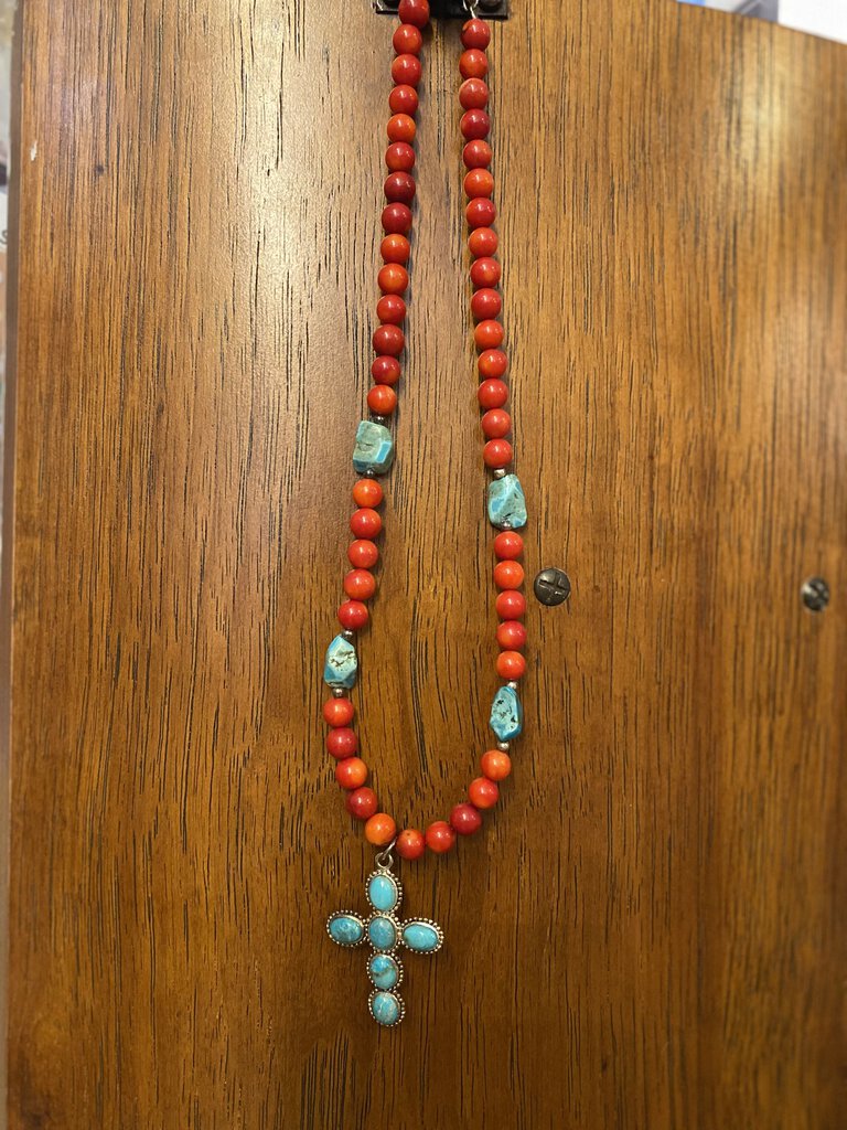 Red Bead Turquoise Cross Necklace