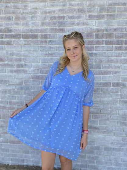 SWISS DOT BABY DOLL V-NECK DRESS