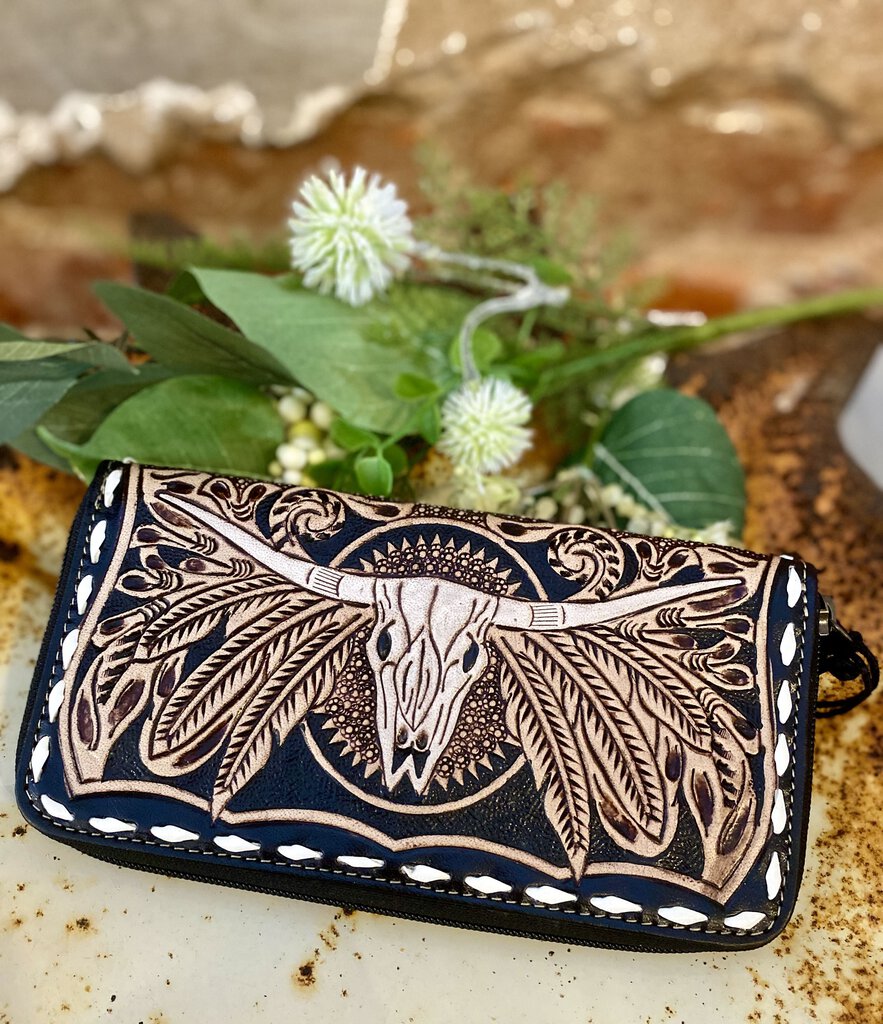 HAND TOOLED LEATHER LONGHORN PROTECTOR WALLET