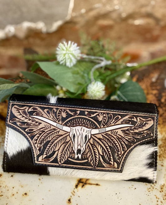 HAND TOOLED LEATHER WITH COWHIDE LONGHORN PROTECTOR WALLET