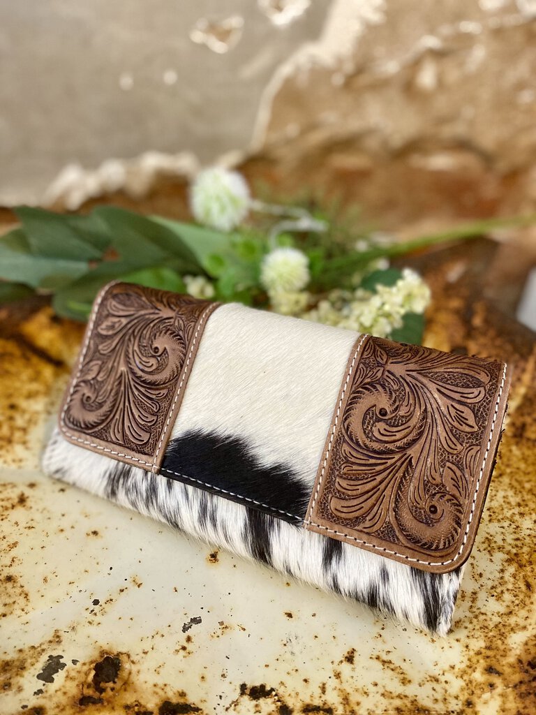 HAND TOOLED LEATHER AND COWHIDE WALLET