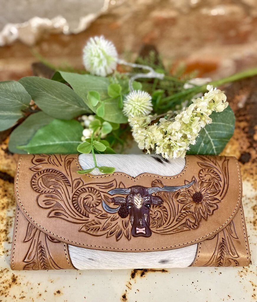 HAND TOOLED LEATHER AND COWHIDE COWFACE CLUTCH WALLET