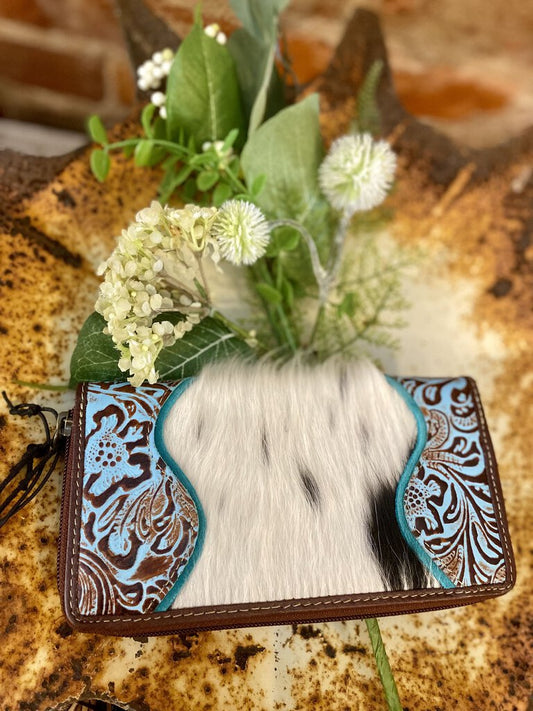 HAND TOOLED LEATHER AND COWHIDE ZIPPER WALLET