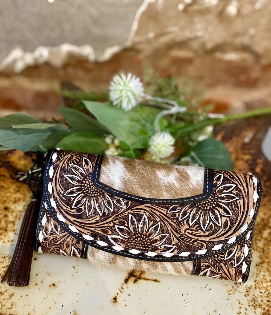 HAND TOOLED SUNFLOWER LEATHER WITH COWHIDE AND STITCHED SEAMS WRISTLET WITH FRINGE KEYCHAIN