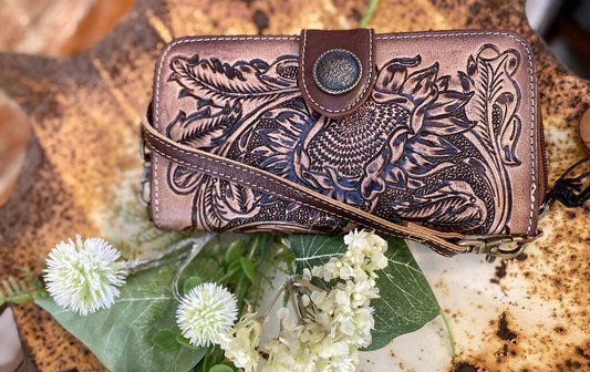 HAND TOOLED FLORAL LEATHER CROSSBODY WALLET