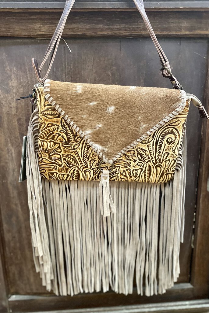 HARAPPA LEATHER AND COWHIDE PURSE WITH FRINGE