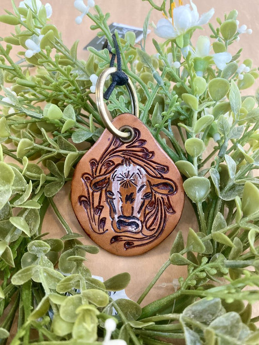 HAND TOOLED LEATHER KEY CHAIN WITH COWHEAD