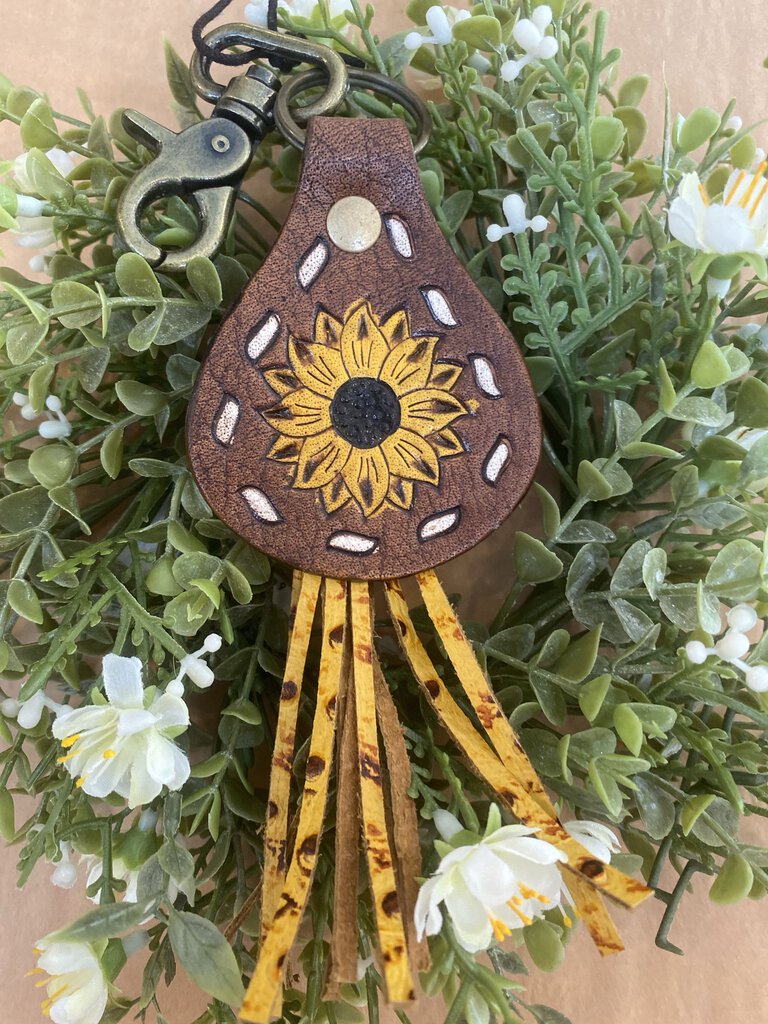 HAND TOOLED LEATHER SUNFLOWER KEYCHAIN WITH FRINGE