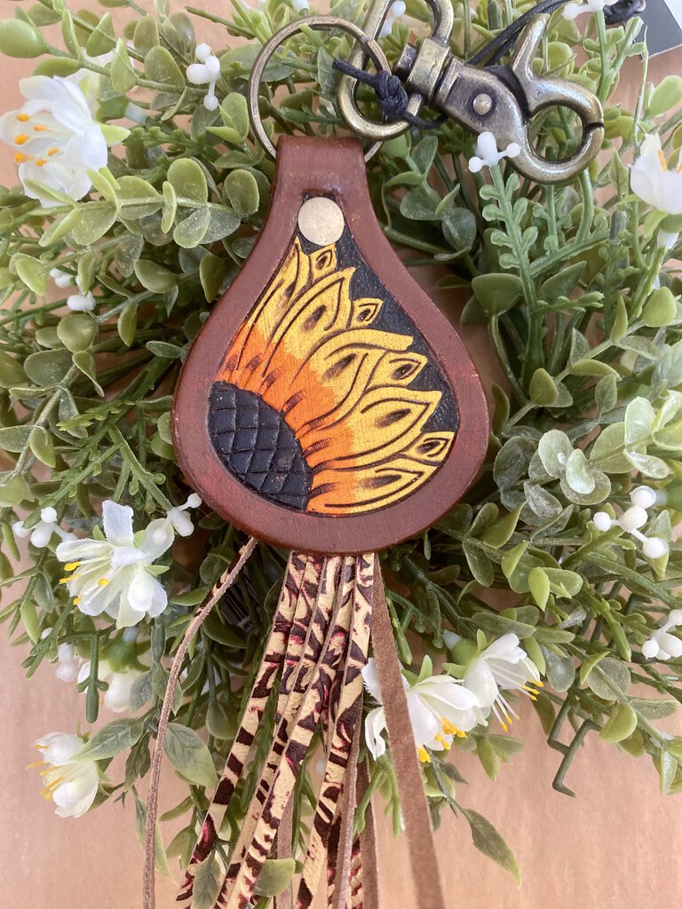 HAND TOOLED LEATHER VIBRANT SUNFLOWER KEYCHAIN WITH FRINGE