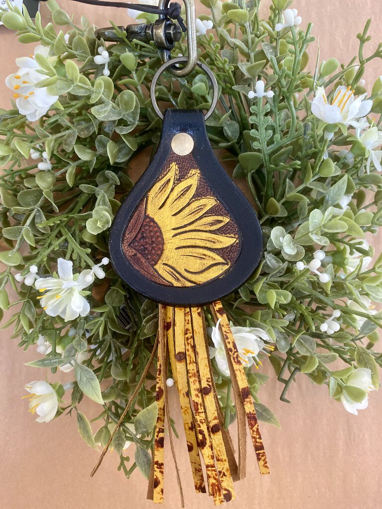 HAND TOOLED LEATHER DARK SUNFLOWER KEYCHAIN WITH FRINGE