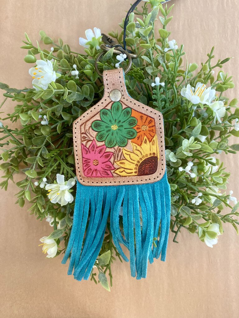 HAND TOOLED FLORAL LEATHER KEYCHAIN WITH FRINGE