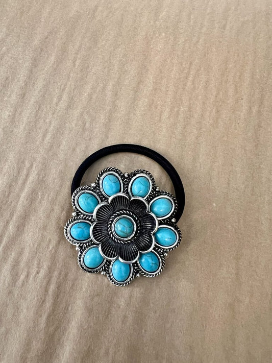 TURQUOISE FLOWER HAIR TIE