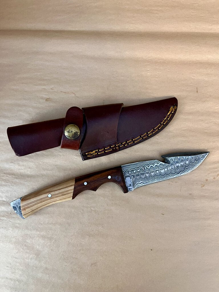 Damascus Skinner Knife with Gut Hook, Hand Forged