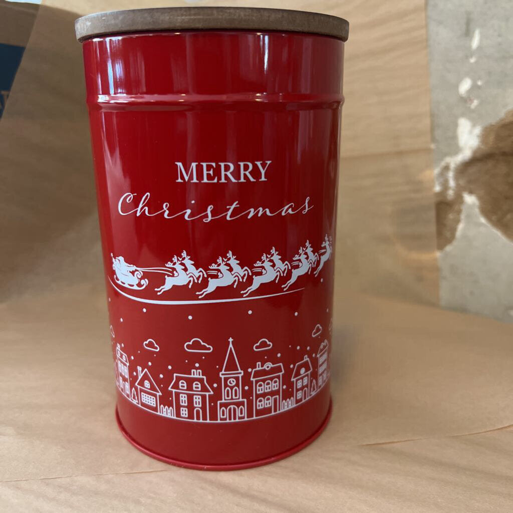 MERRY CHRISTMAS TIN WITH WOOD TOP