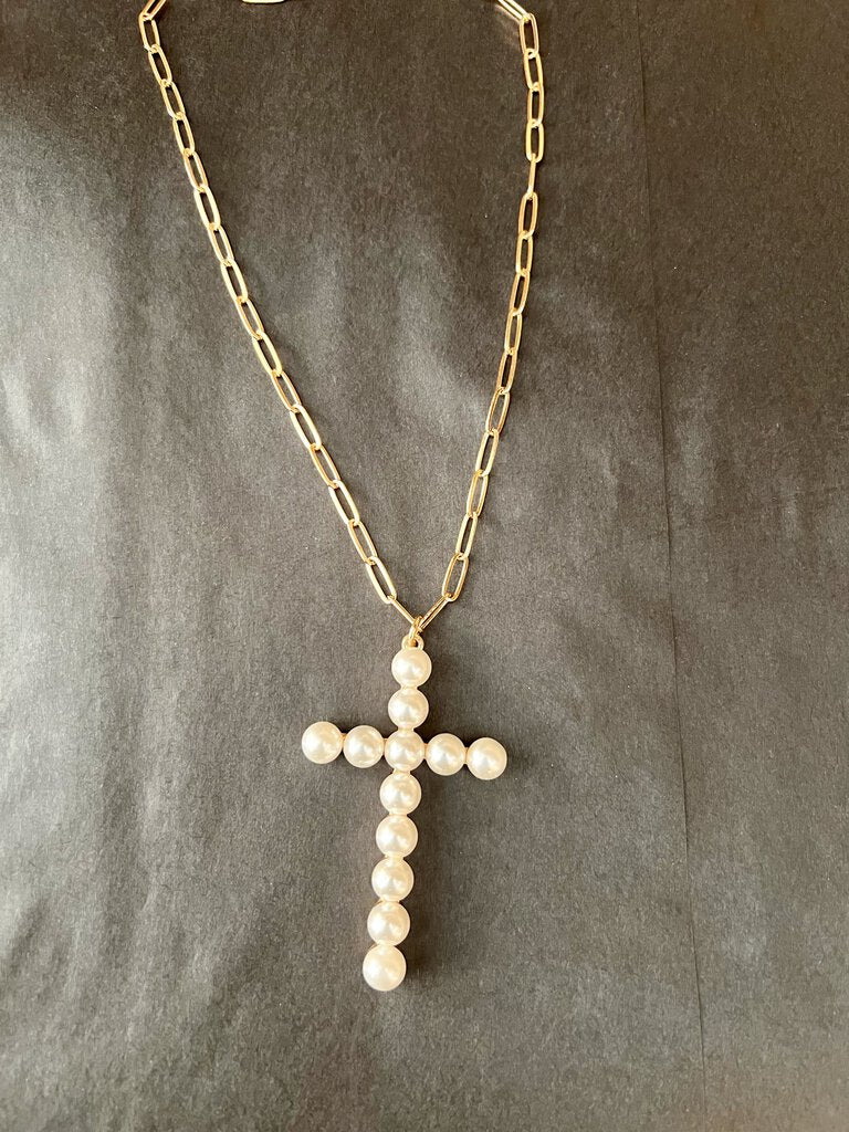 LONG PEARL CROSS NECKLACE