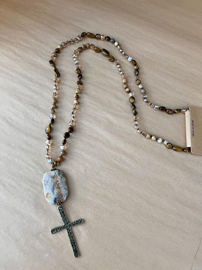 STONE AND BEADED CROSS NECKLACE