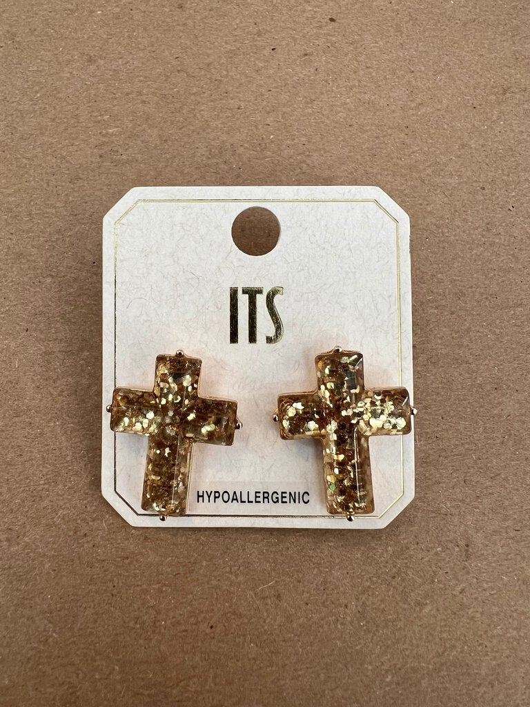 GLITTER CROSS STUD EARRINGS