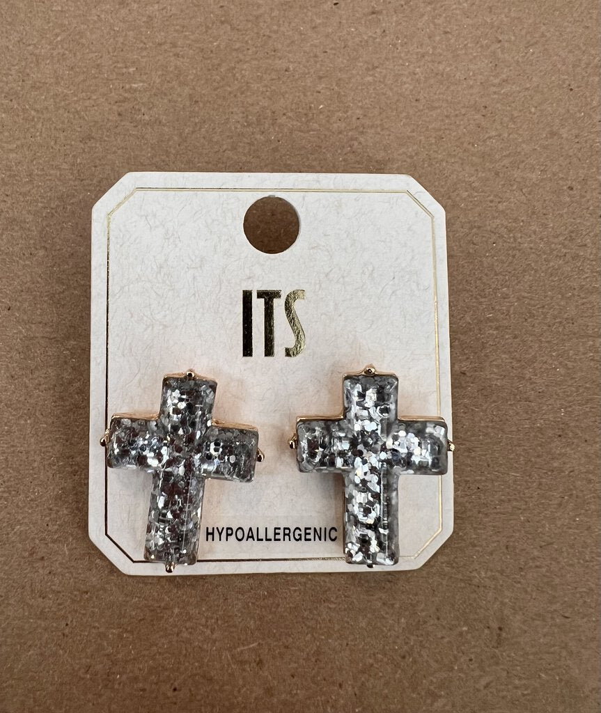 GLITTER CROSS STUD EARRINGS