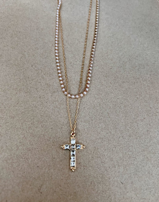 PEARL AND CROSS STACK NECKLACE