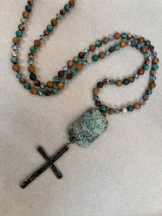 BEADED CROSS WITH STONE NECKLACE