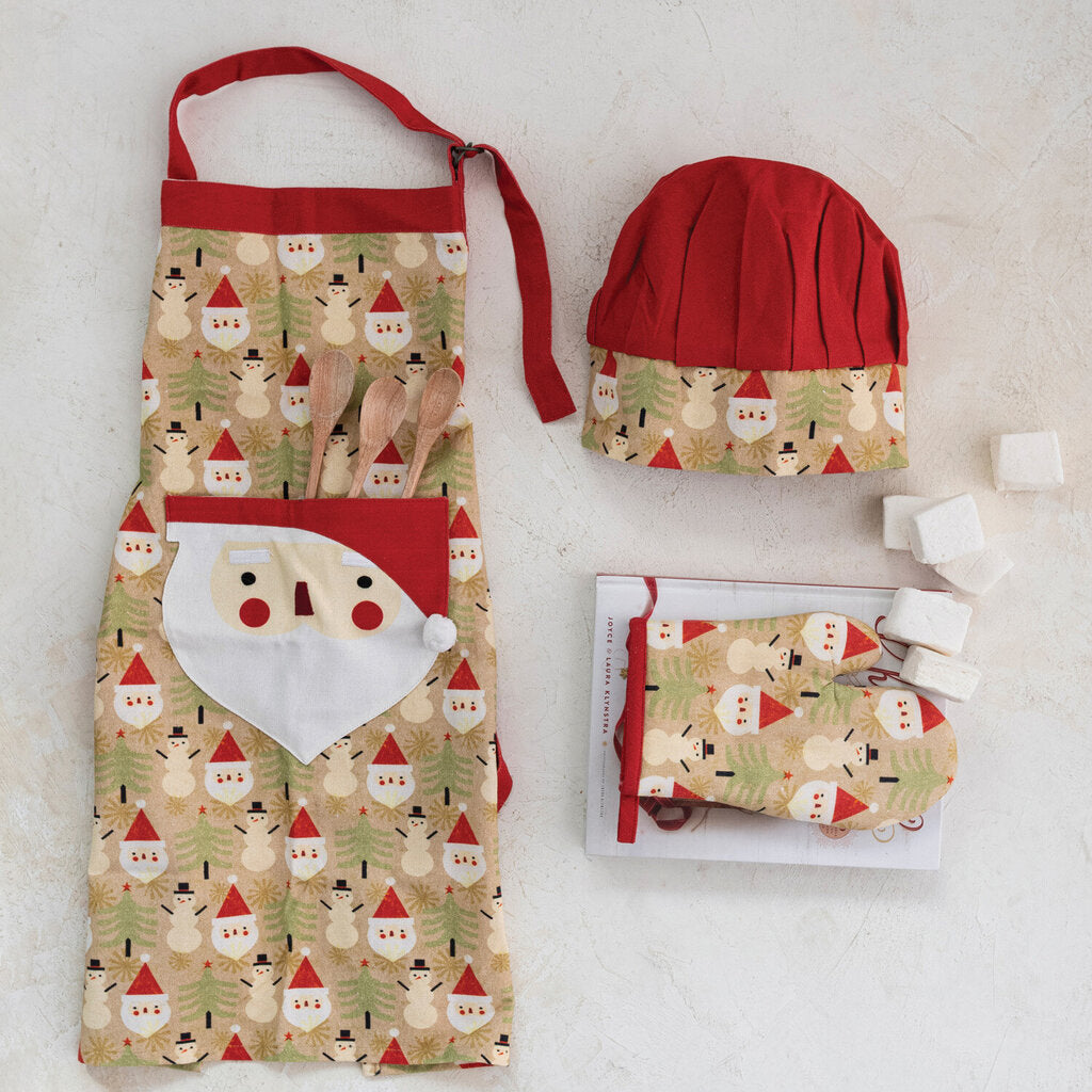 CHILD APRON WITH SANTA POCKET CHEF HAT AND HOT MITT