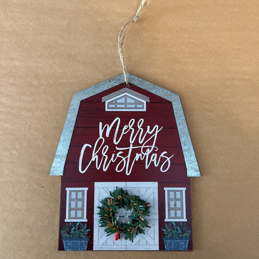 MERRY CHRISTMAS WOODEN BARN ORNAMENT