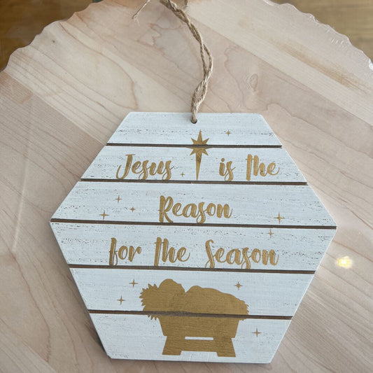 HEXAGON WOODEN ORNAMENT WITH HOLIDAY SAYING